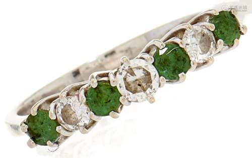 A seven stone emerald and diamond ring, diam wt 0.22ct, emer...