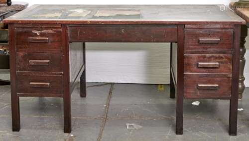 A mahogany pedestal desk, mid 20th c, the top with inset bla...