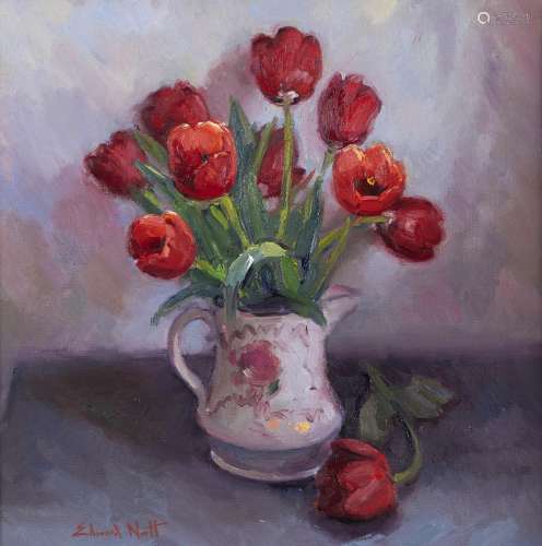 Edward Noott RBSA (1965 - ) - Tulips in a Lustre Ware Jug, s...
