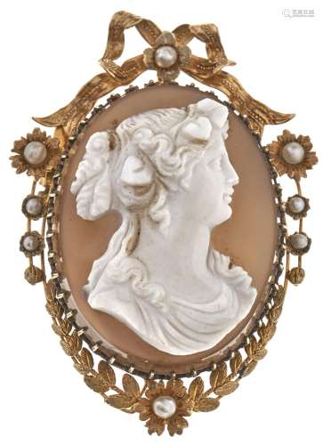 A hardstone cameo brooch pendant, the cameo probably 19th c,...