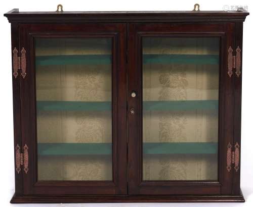 A mahogany glazed wall hanging display cabinet, with copper ...
