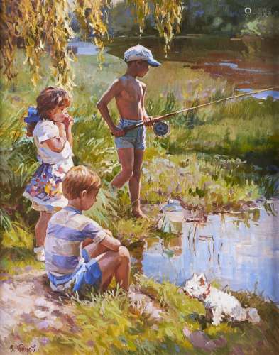 Vladimir Popov (20th / 21st c) - Three Children on a Riverba...