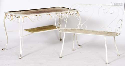 A French painted steel wirework and mesh garden seat and tab...