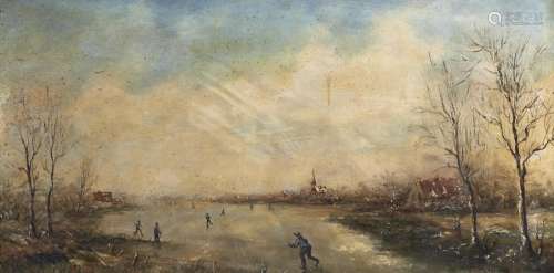 J Mienhuis, 20th c - Dutch Winter Scene with Skaters, signed...