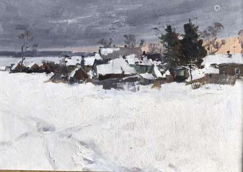 Russian School, 20th c - Figure by a Cottage in Winter; Vill...