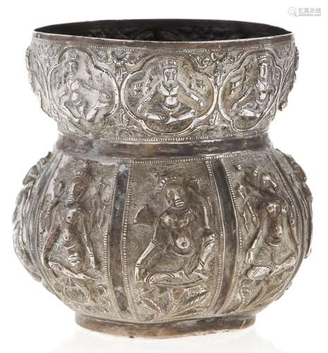 An Indian silver repousse jar, late 19th c, worked in high r...