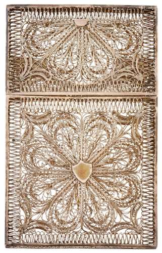 A silver filigree card case, mid 19th c, 80mm h, unmarked, 1...