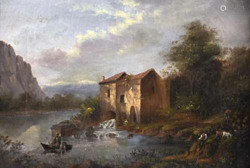 British School, 19th c - Figures by a Watermill, oil on canv...