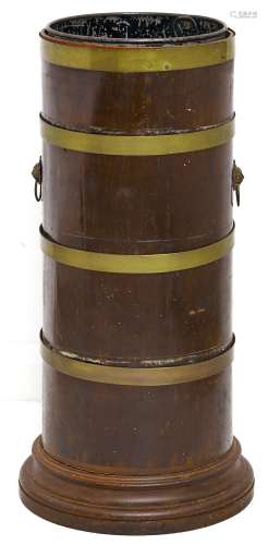 A brass bound cylindrical mahogany stick stand, early 20th c...