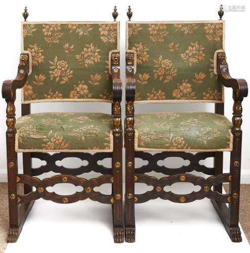 A pair of Spanish 17th c parcel gilt walnut armchairs, 20th ...