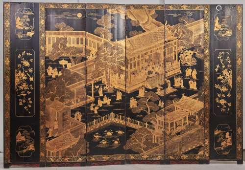 A Chinese gilt and black export lacquer six leaf screen, ear...