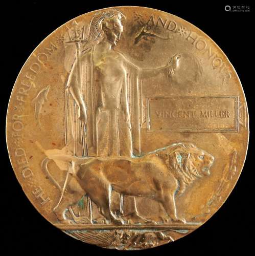 A World War I memorial plaque, Pte Vincent Miller, Royal War...