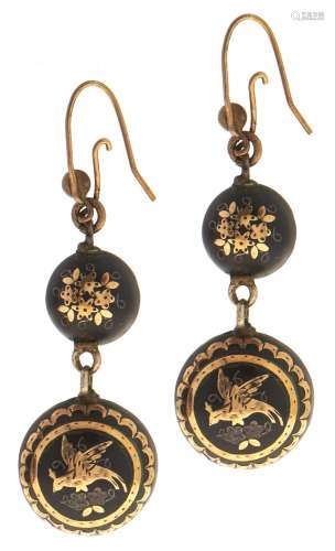 A pair of Victorian pique earrings, c1870, 39mm excluding wi...