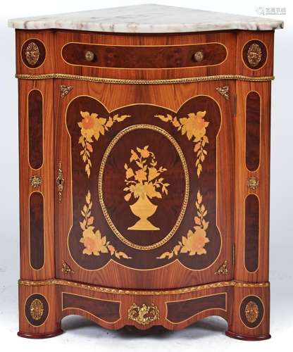 A marquetry encoigneur, 20th c, in Louis XV style, with marb...