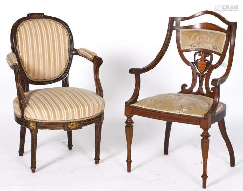 An Edwardian inlaid mahogany salon chair, c1905, the concave...