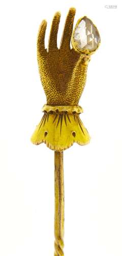 A stick pin, 19th c, the gold terminal in the form of a lady...