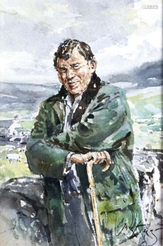Gordon King (1939-) - Sheep Farmer, signed, watercolour, 26 ...