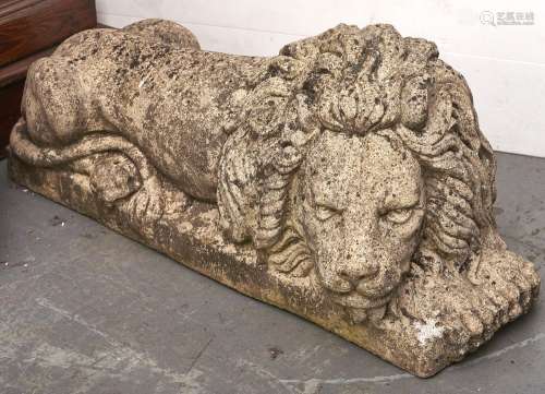 A pair of reconstituted stone lion garden ornaments, late 20...
