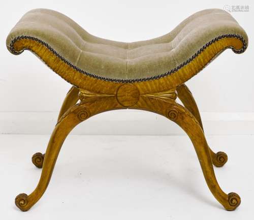 A walnut x-framed dressing stool, second quarter 20th c, uph...