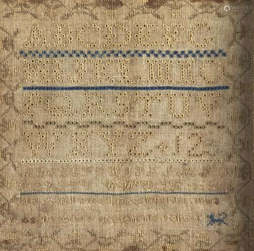 An English linen sampler, early 19th c, 29 x 29cm, maple fra...