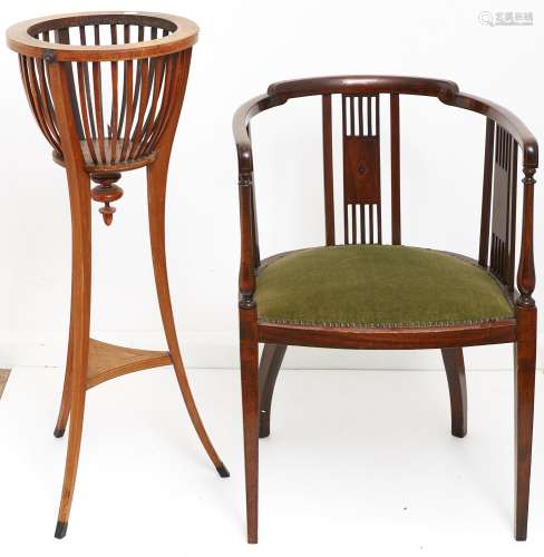 An Edwardian inlaid mahogany tub chair, with lozenge inlaid ...