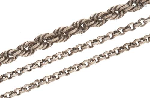 A silver long chain, belcher links, 154cm l and a silver rop...