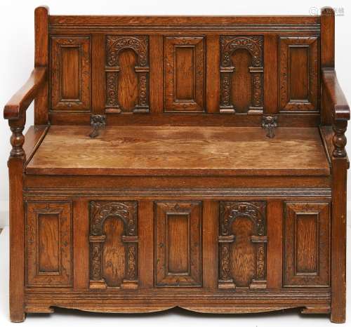 An old charm oak monk's bench, c1950, the back panelled and ...