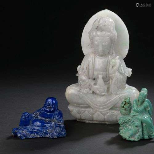 Trois statuettes en jadéite, lapis lazuli et turqu…