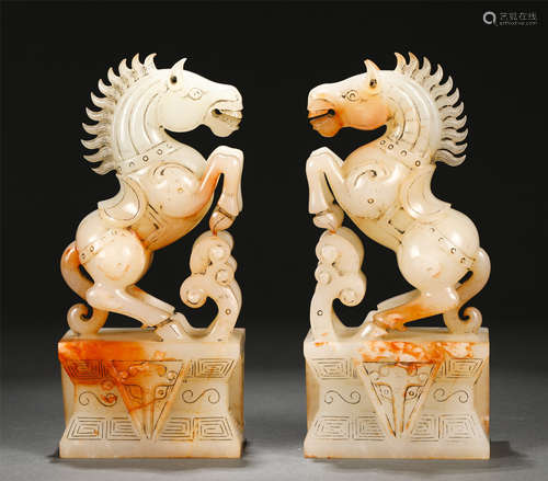 Pair Carved Jade Seals with Horse Handles