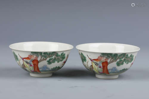 Pair Famille Rose Figural Porcelain Bowls