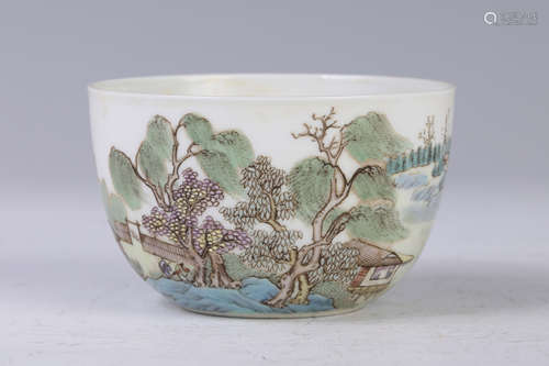 A Famille Rose Figures-among-Landscape Porcelain Cup