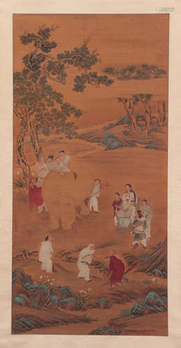 A Chinese Painting Depicting Bathing An Elephant