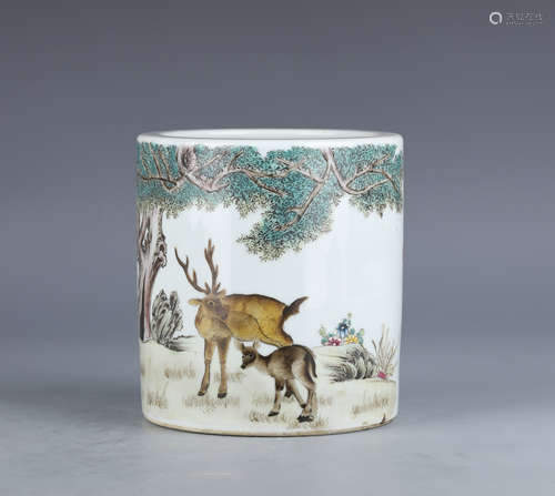 A Famille Rose Deer Porcelain Brush Pot