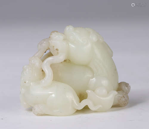 A Carved Jade Mother-and-Son Beast Paperweight