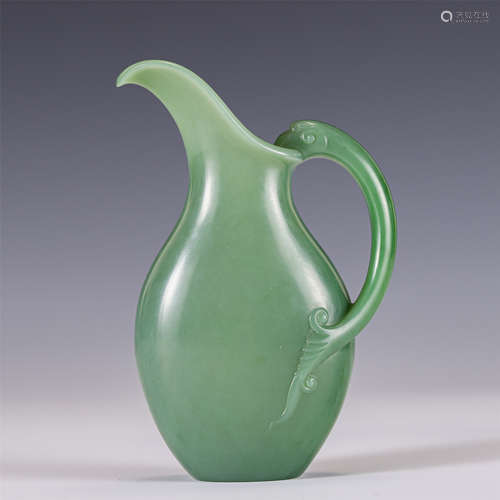 A Carved Spinach Green Jade Ewer with Beast Handle