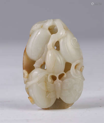 A Carved White Jade Butterfly and Melons Decoration