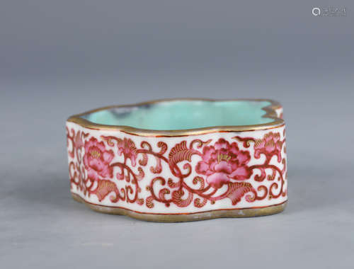 A Pink Enameled and Gilt Floral Porcelain Washer