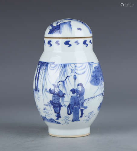 A Blue and White Figural Porcelain Jar and Cover