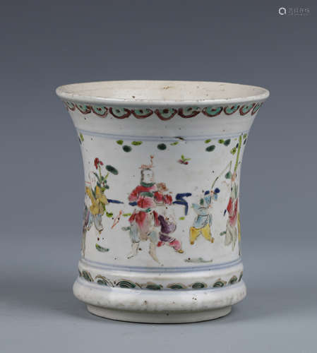 A Famille Rose Figural Porcelain Brush Pot