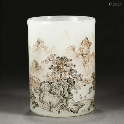 A Peking Glass Landscape-And-Figures Brush Pot