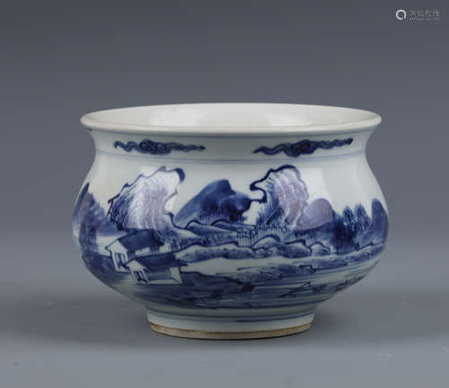 A Blue and White Landscape Porcelain Censer