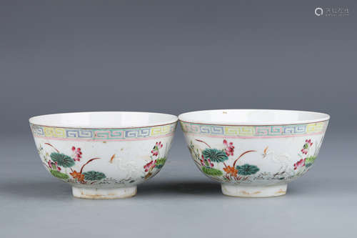 Pair Famille Rose Egret and Lotus Porcelain Bowls