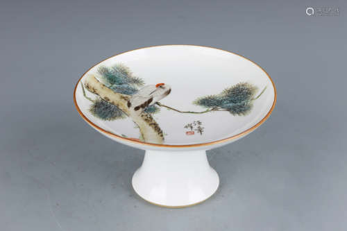 A Famille Rose Crane and Pine Tree Porcelain Stem Cup