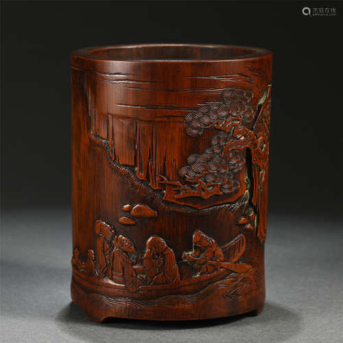 An Engraved Landscape-and-Figures Bamboo Brush Pot