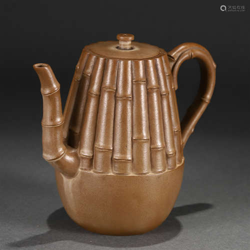 A Yixing Glazed Bamboo Joints Tea Pot