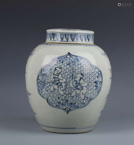 A Blue and White Kids and Lotus Porcelain Jar