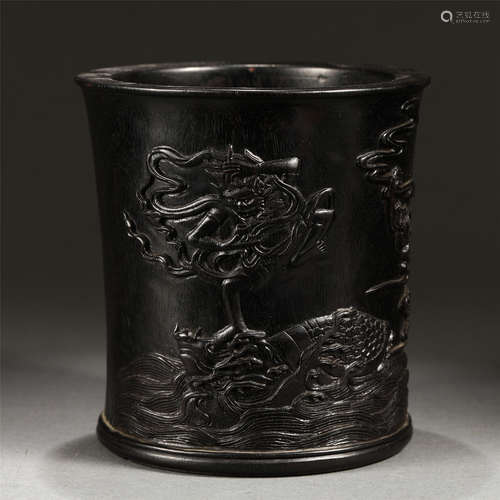 An Engraved Zitan Wood Brush Pot