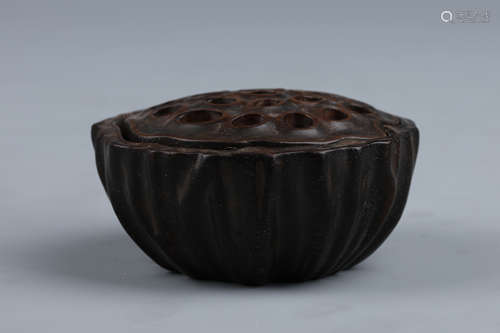 A Carved Rosewood Lotus Seedpod Incense Burner