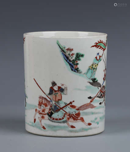 A Famille Verte Glazed Warriors Porcelain Brush Pot