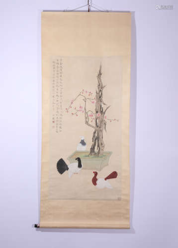 A Chinese Painting of Plum Blossoms and Pigeons